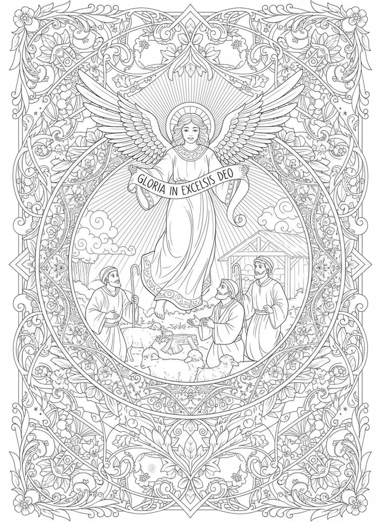 Engel verkündet die Geburt Jesu an die Hirten, Weihnachtsmalvorlage für Erwachsene im Stil des Bibel-Journalings.