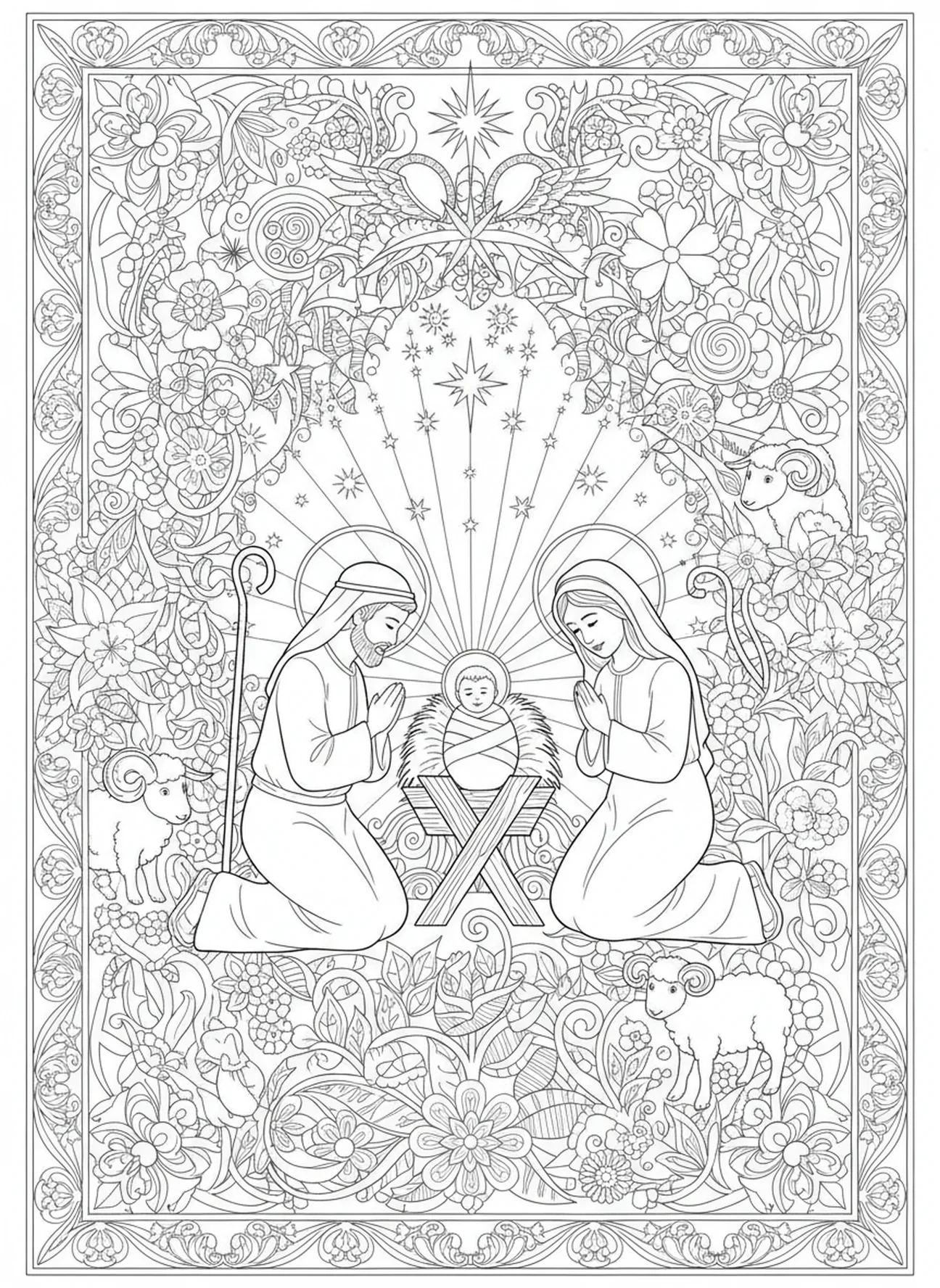 Hirten, die ehrfürchtig vor der Krippe knien, Weihnachtsreligionsausmalbild für Erwachsene im Stil des Bibel-Journalings.