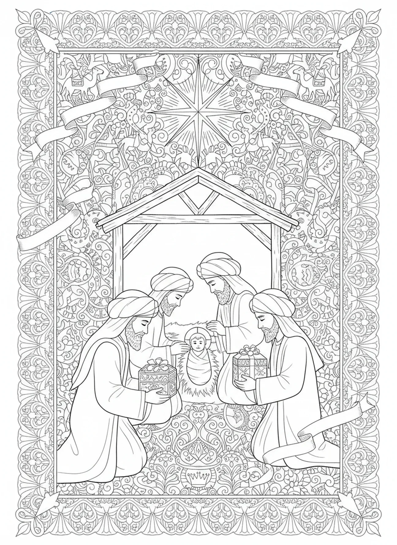 Drei weise Männer bringen Geschenke zu baby Jesus, Weihnachtsreligionsausmalbild für Erwachsene im Stil des Bibeljournaling.