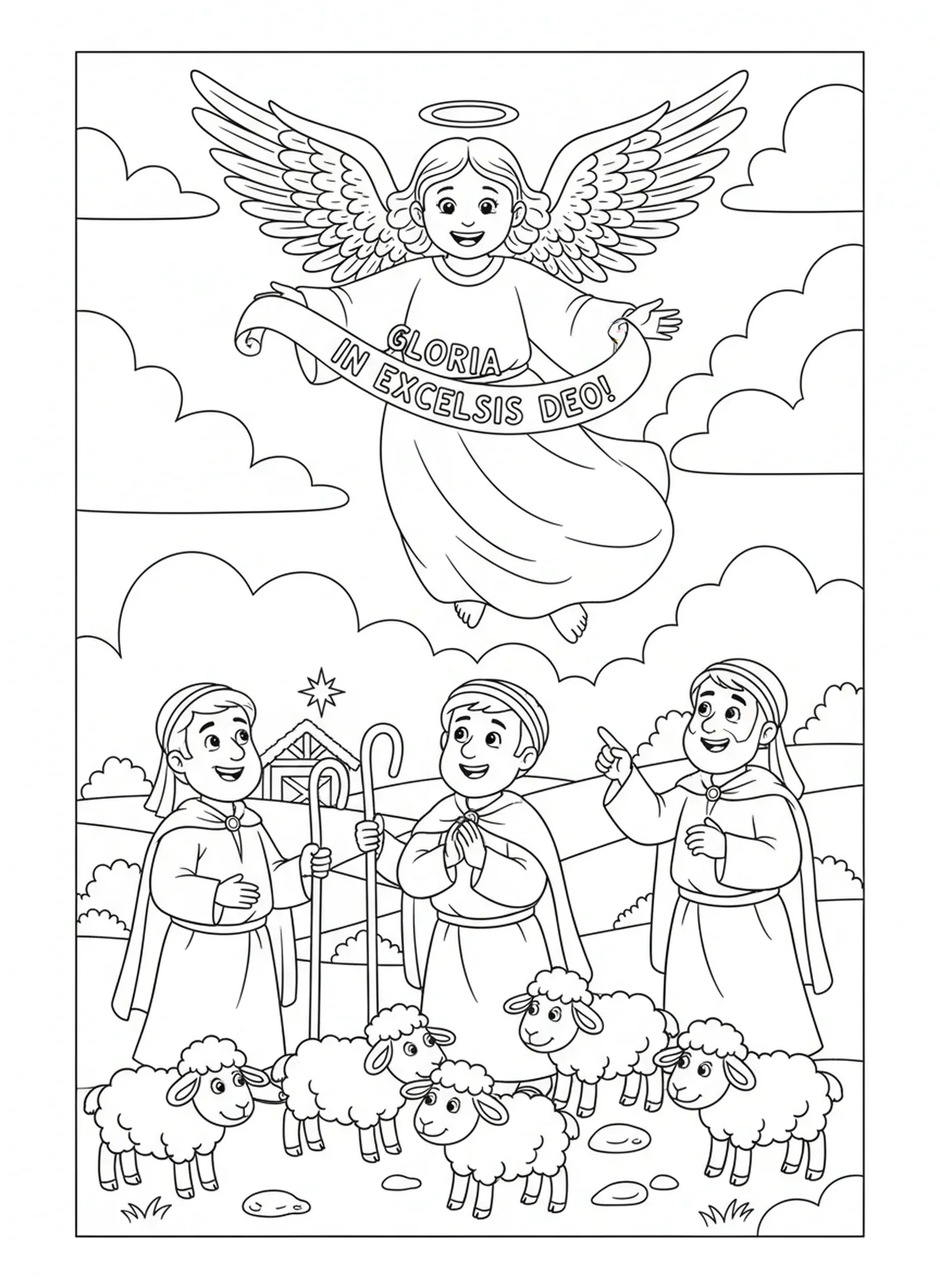 Anjo no céu, página de colorir religiosa de Natal para crianças de 5 a 10 anos