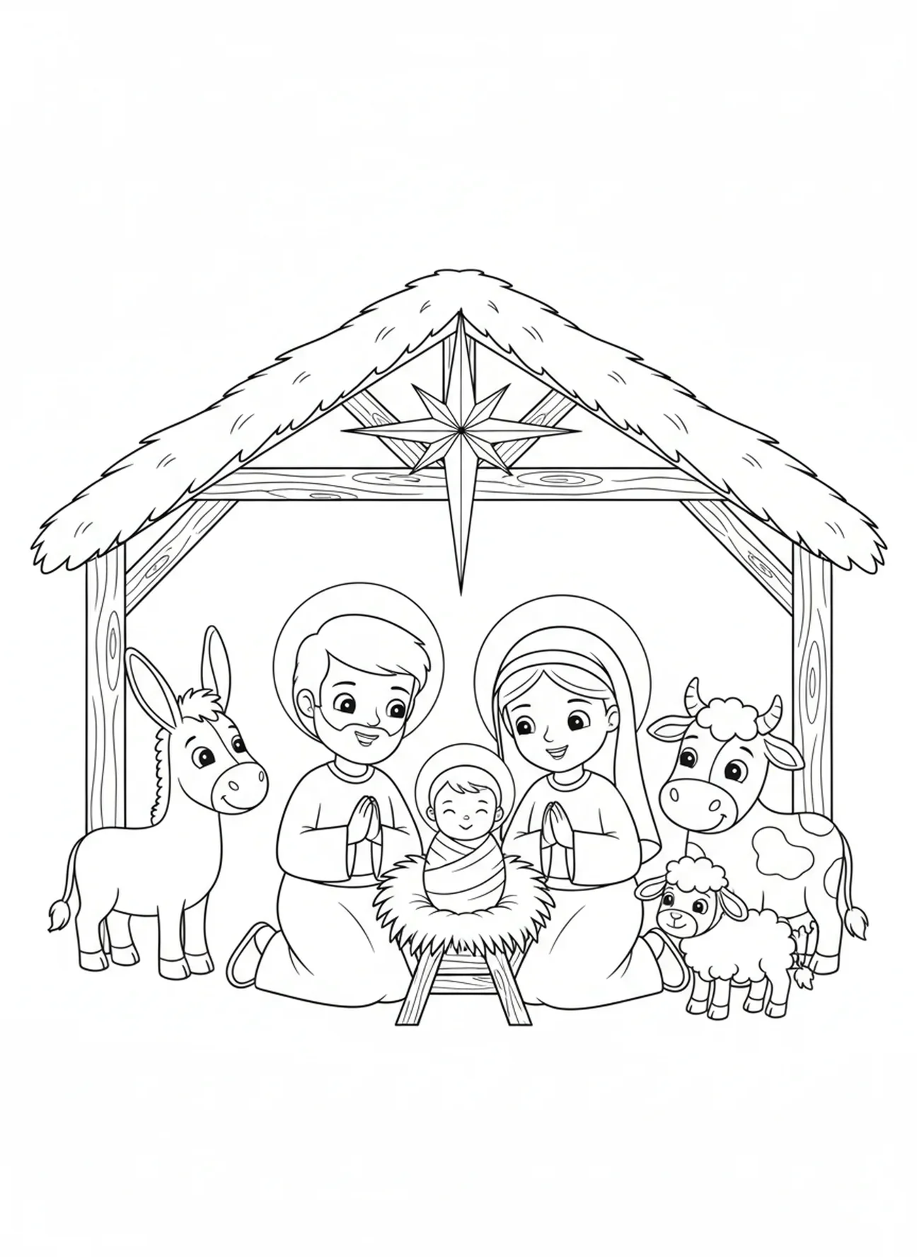 Cenário de Natal com o bebê Jesus, página de colorir religiosa de Natal para crianças de 5 a 10 anos
