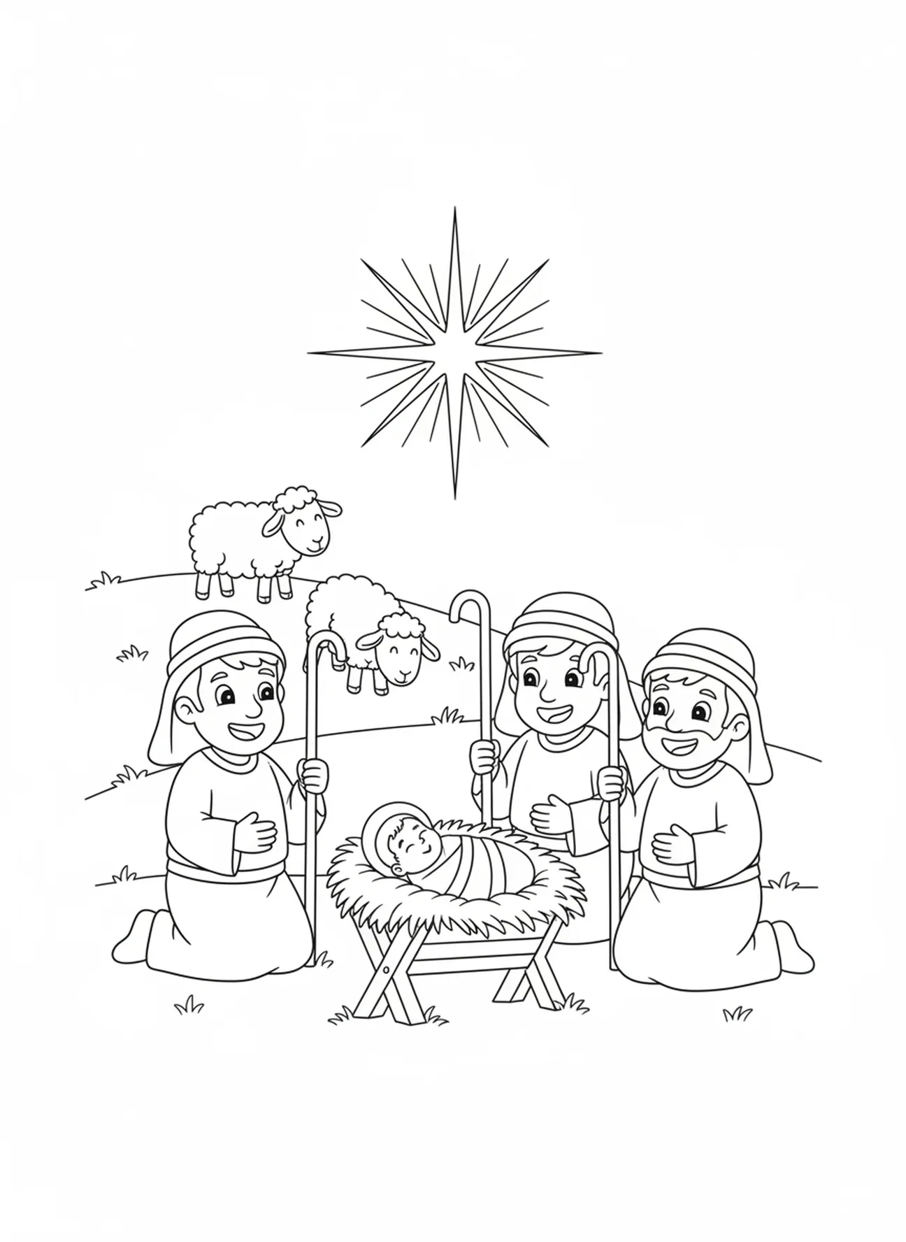 Pastores alegres, página de colorir religiosa de Natal para crianças de 5 a 10 anos