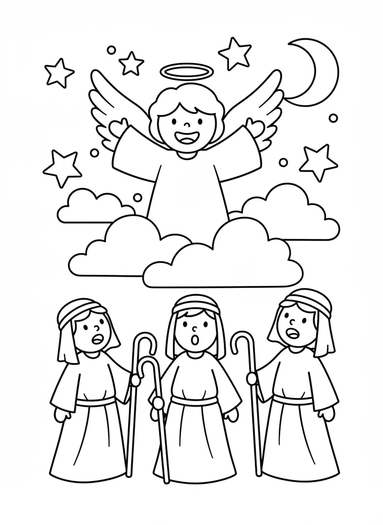 Anjo sorridente no céu, página de colorir religiosa de Natal para crianças de 3 a 5 anos