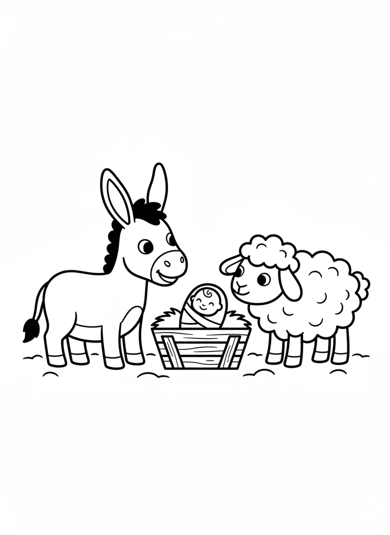 Burro e ovelha perto do presépio, página de colorir religiosa de Natal para crianças de 3 a 5 anos