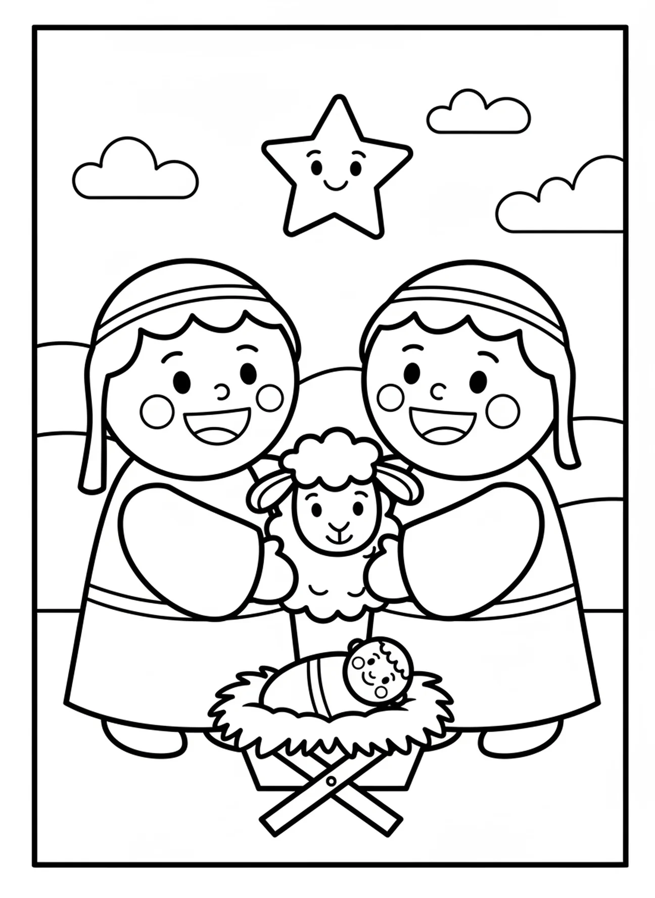 Dois pastores sorridentes, página de colorir religiosa de Natal para crianças de 3 a 5 anos