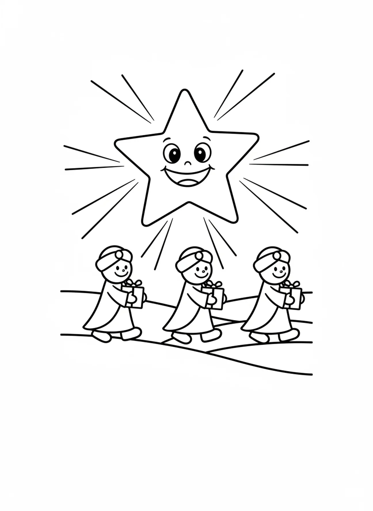 Grande estrela sorridente brilhando, página de colorir religiosa de Natal para crianças de 3 a 5 anos