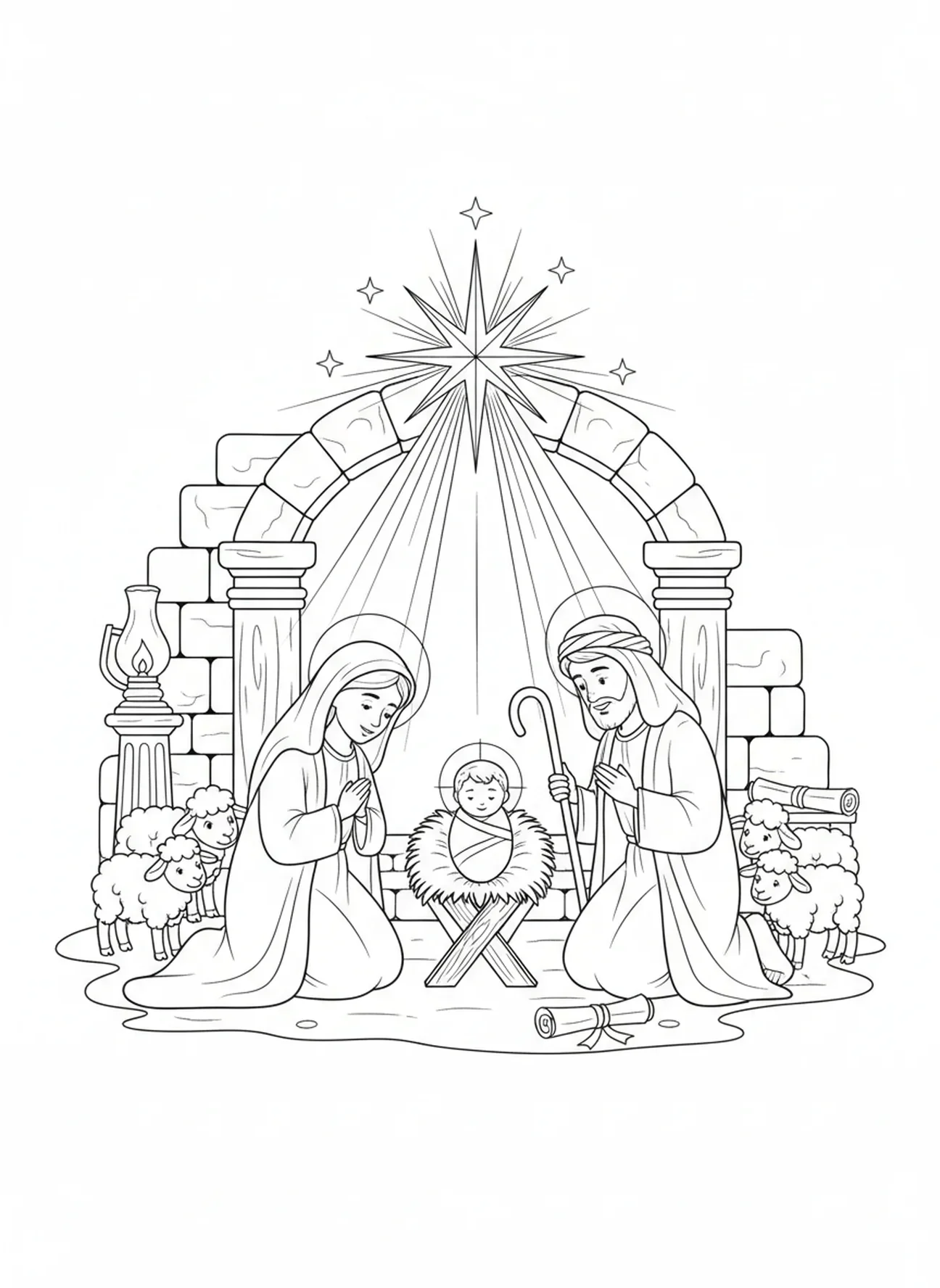 Cena de Natal com animais, página de colorir religiosa para crianças da Escola Dominical de 5 a 12 anos