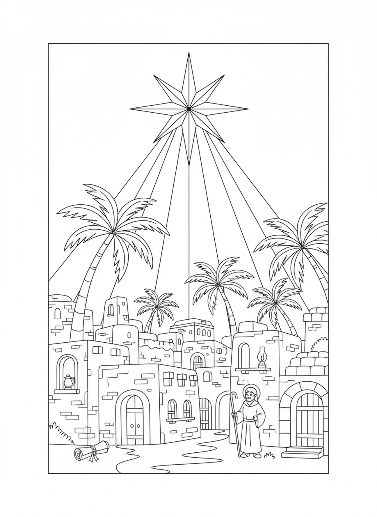 Estrela brilhando sobre Belém, página de colorir religiosa de Natal para crianças da Escola Dominical de 5 a 12 anos