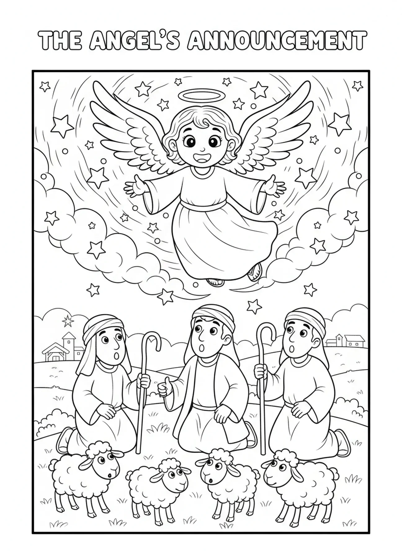 Um anjo acima dos pastores, página para colorir de Natal para crianças de 5 a 10 anos