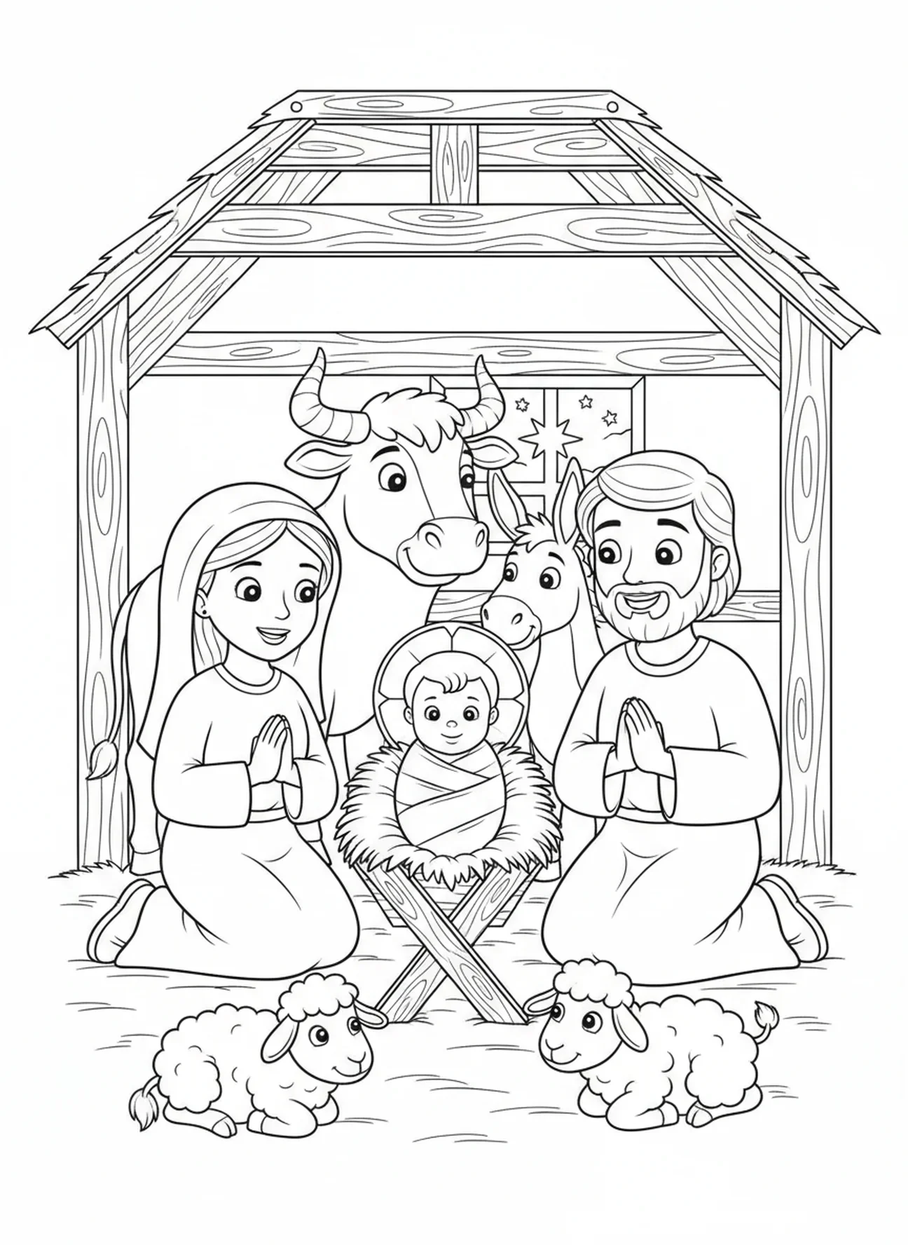 Maria e José com o bebê Jesus, página de colorir do Natal para crianças de 5 a 10 anos