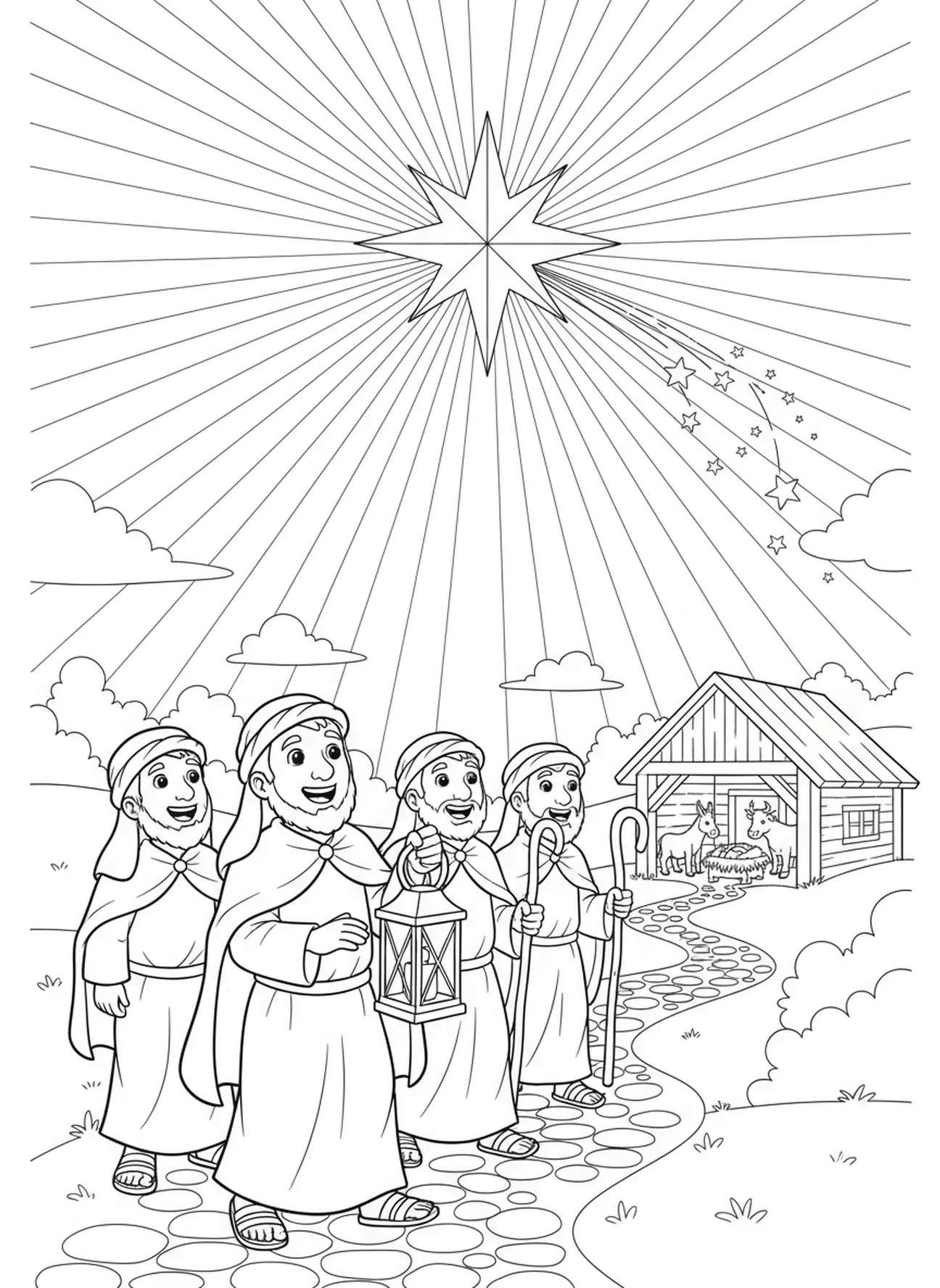 Pastores em uma jornada, página de colorir de Natal para crianças de 5 a 10 anos