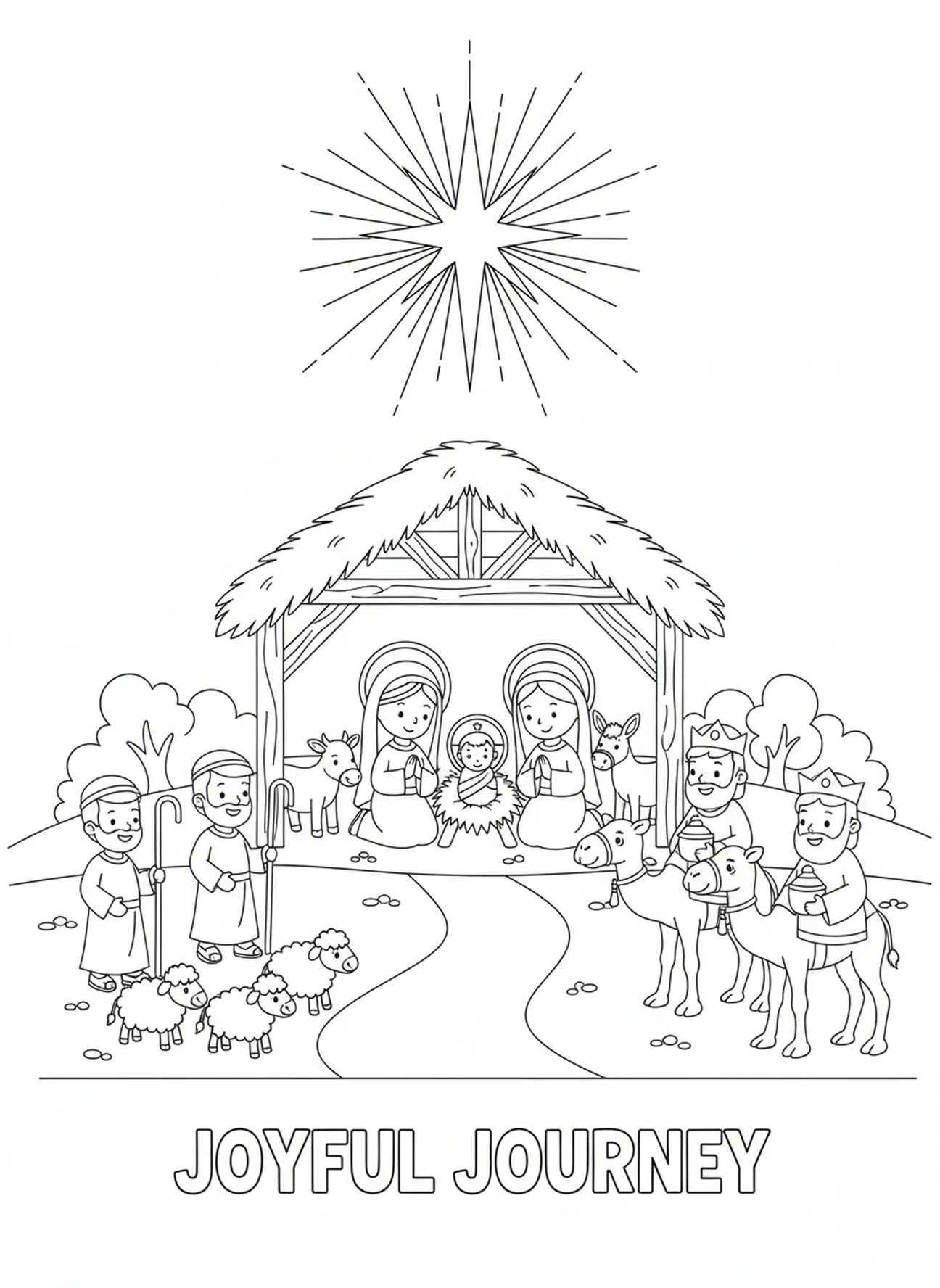 Estrela brilhante acima do estábulo, página de colorir do Pastor de Natal para crianças de 5 a 10 anos
