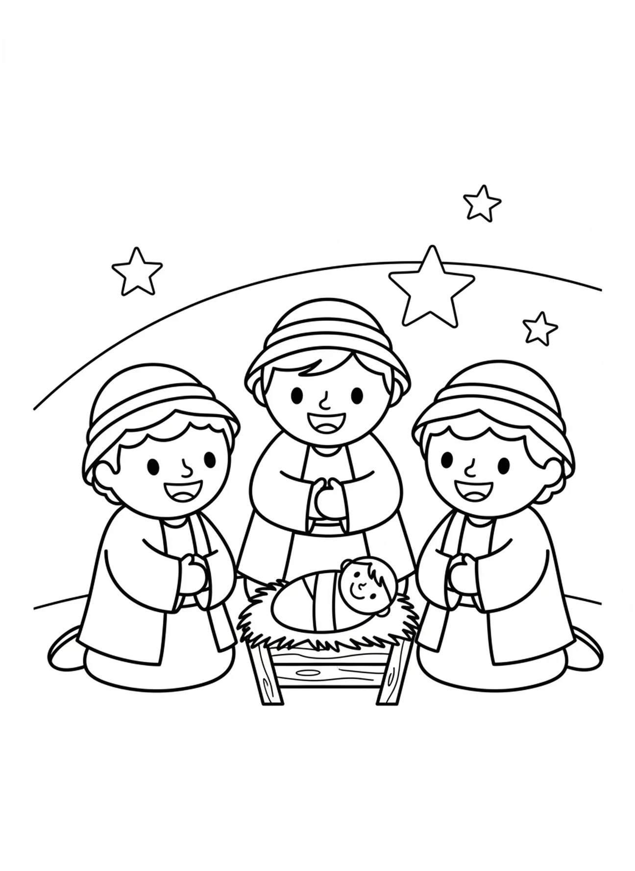 Die lächelnden Hirten knien, Ausmalbild für Weihnachten für Vorschulkinder im Alter von 3-5 Jahren.