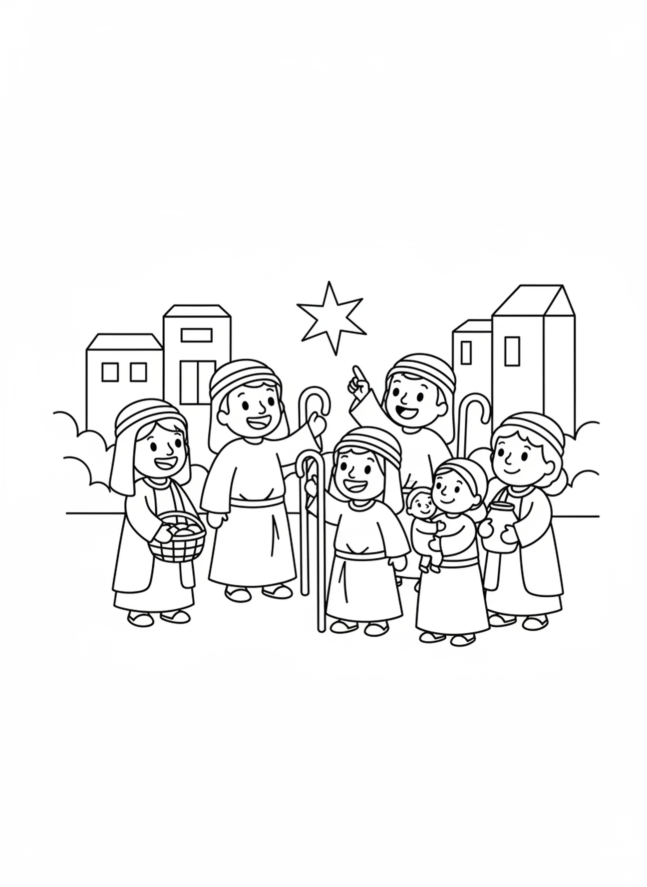 Die Hirten teilen die Botschaft, Ausmalbild von den Weihnachts-Hirten für Vorschulkinder im Alter von 3-5 Jahren.