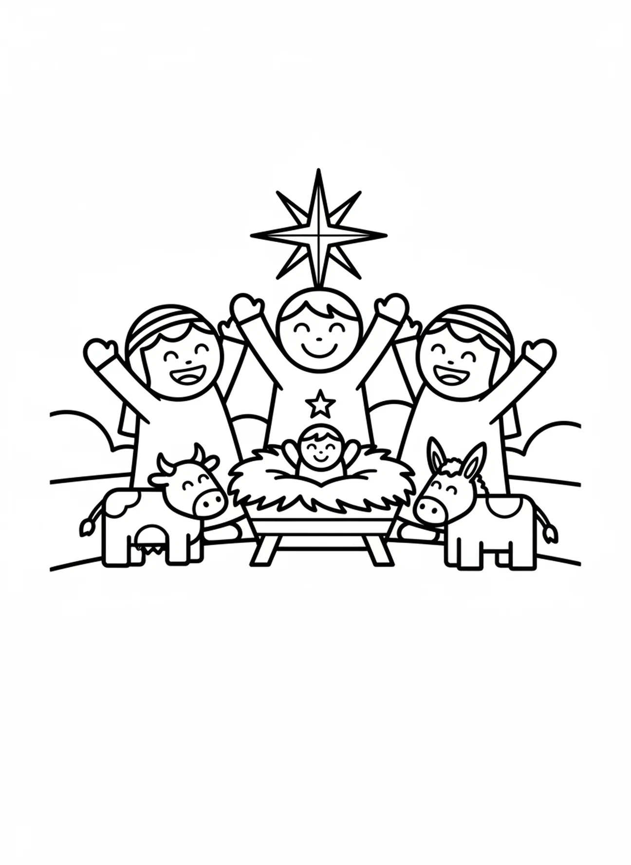 Die Hirten, die freudig anbeten, Ausmalbild von den Weihnachts-Hirten für Vorschulkinder im Alter von 3-5 Jahren.