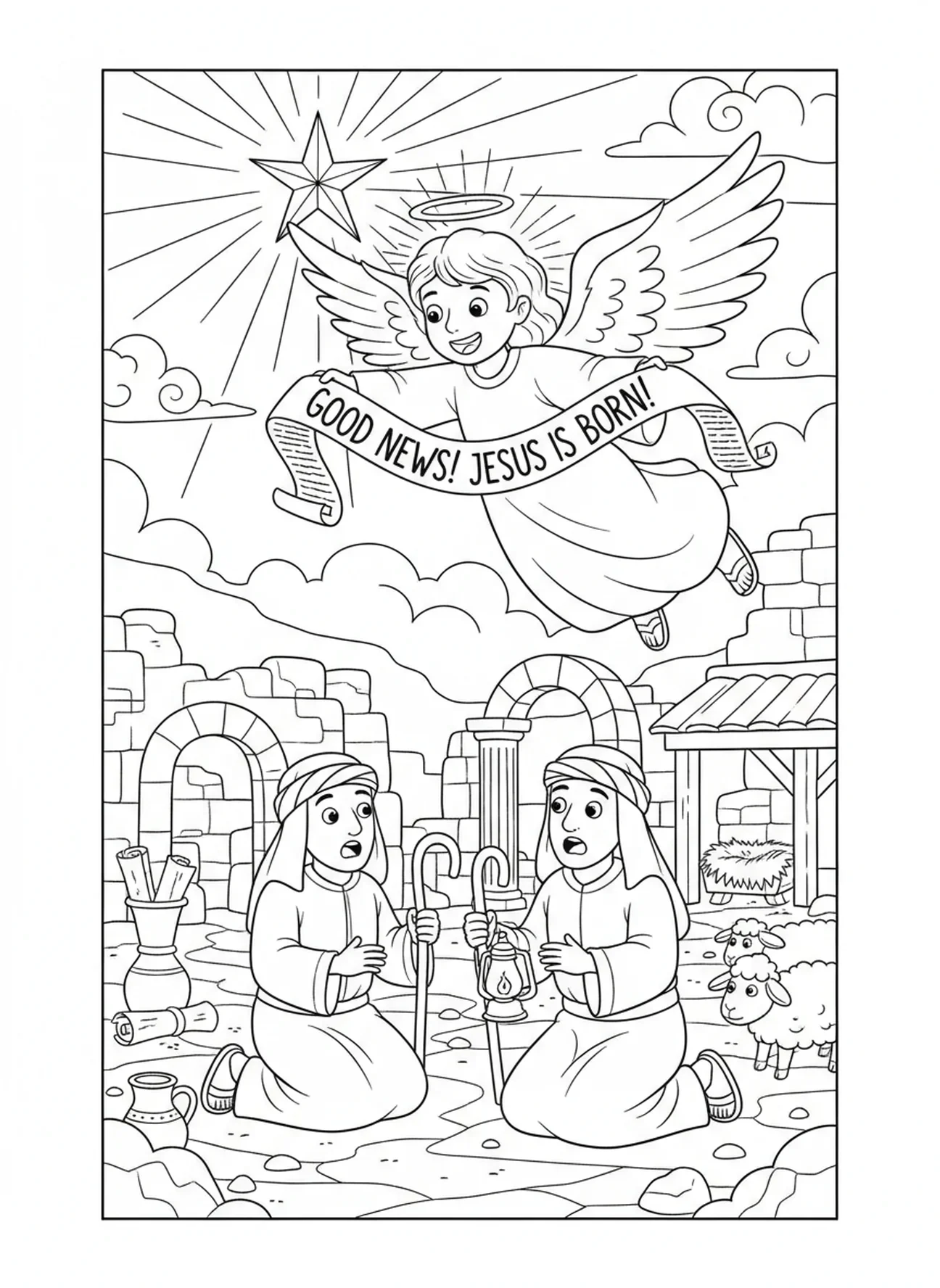 Anjo anunciando, página de colorir do Natal para crianças da Escola Dominical de 5 a 12 anos.