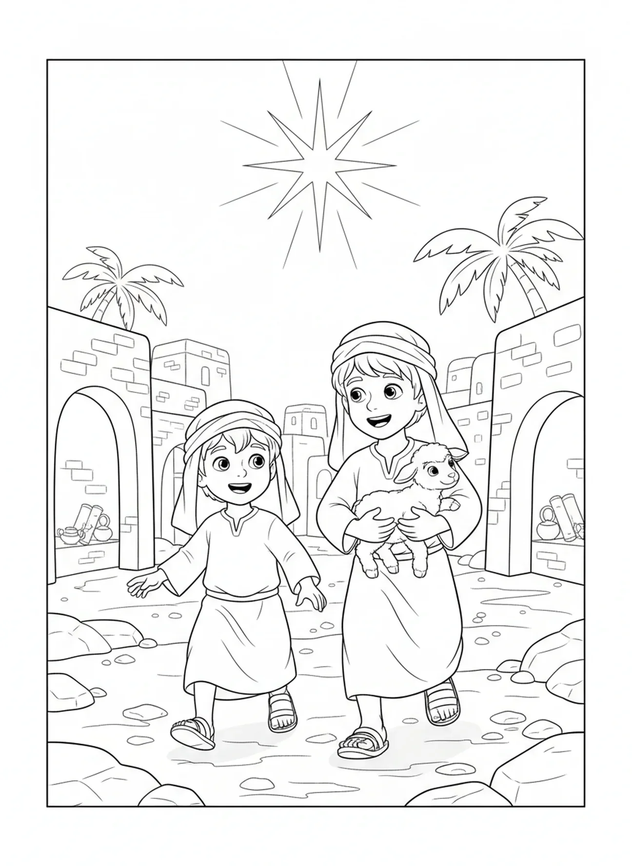 Pastores viajando, página de colorir de pastores de Natal para crianças da Escola Dominical de 5 a 12 anos.
