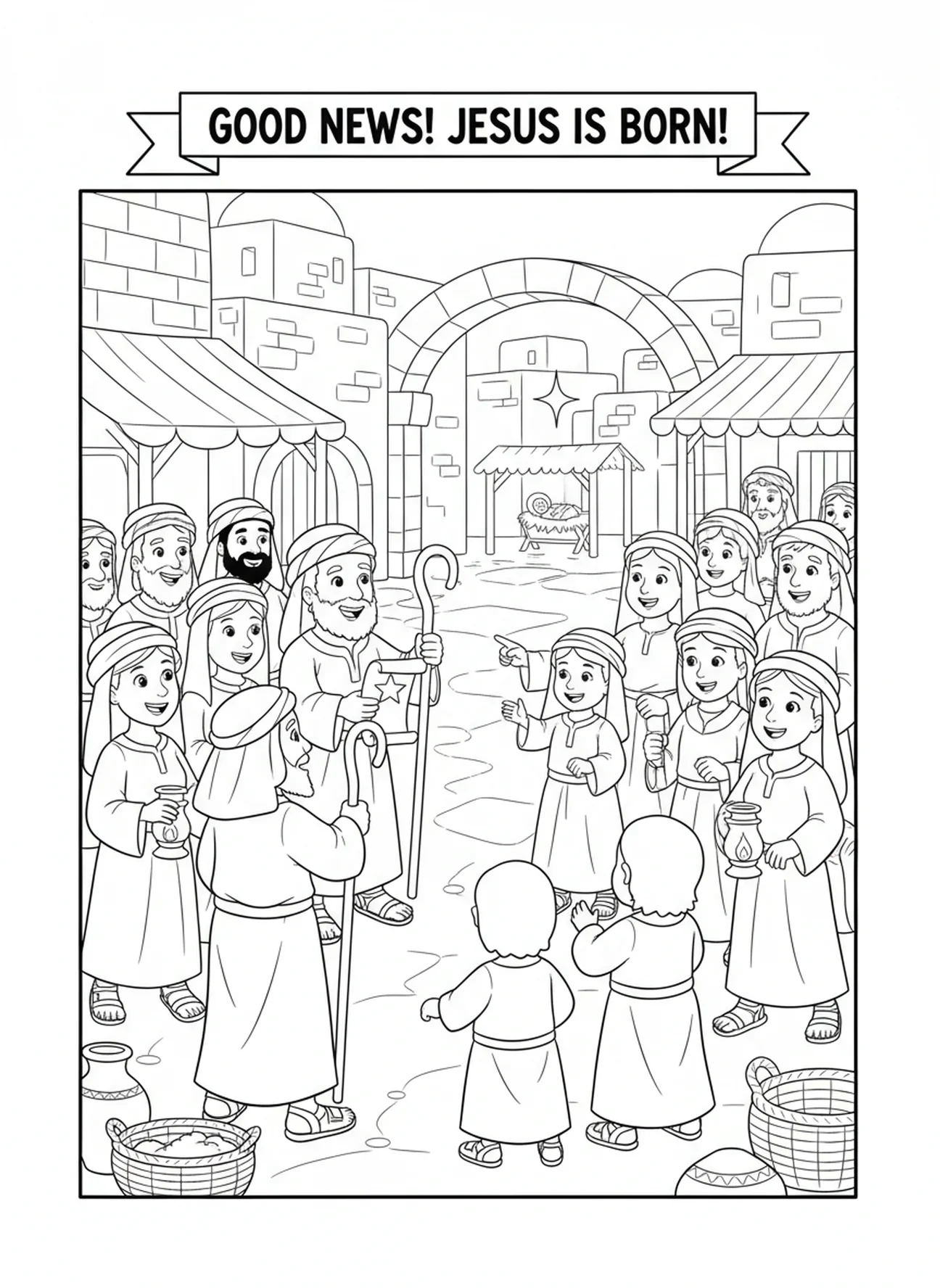 Pastores compartilhando a notícia, página de colorir de Natal para crianças da Escola Dominical de 5 a 12 anos.