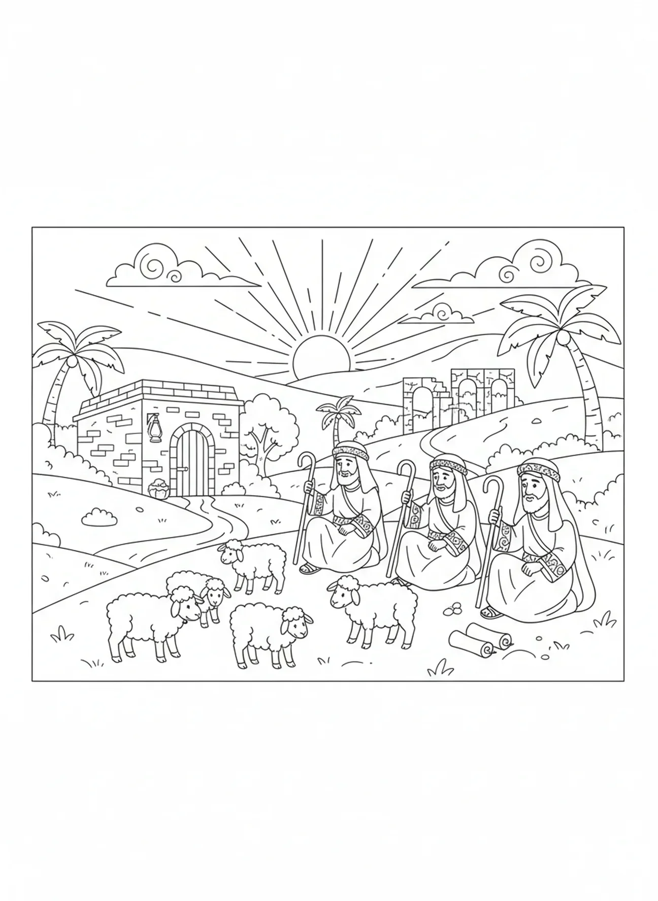 Pastores cuidando das ovelhas, página para colorir de Natal para crianças da Escola Dominical de 5 a 12 anos.