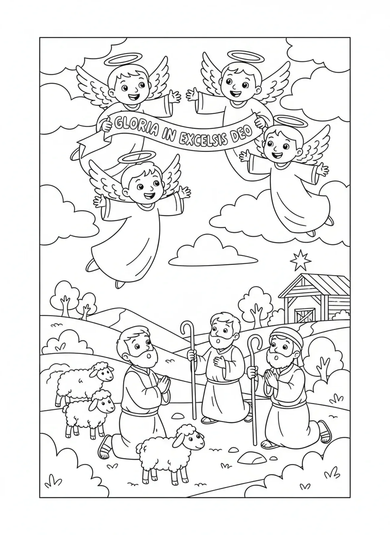 Anges apparaissant aux bergers, page à colorier de l'Étoile de Noël pour les enfants de 5 à 10 ans
