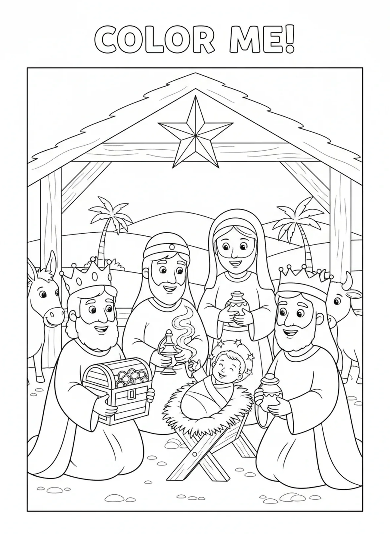 Trois rois mages présentant des cadeaux, page à colorier Étoile de Noël pour enfants de 5 à 10 ans