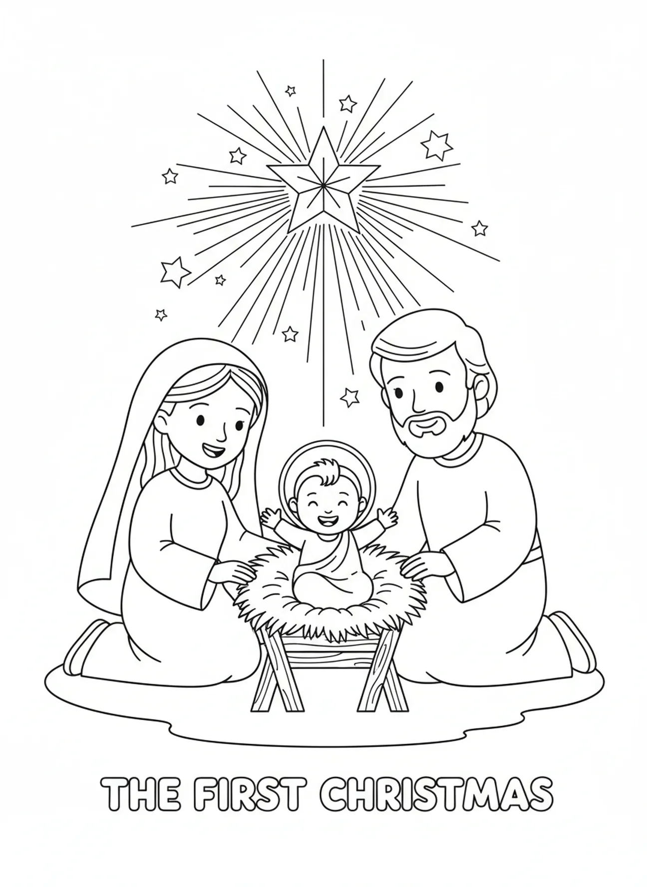 Bébé Jésus dans la crèche, page à colorier de l'Étoile de Noël pour les enfants de 5 à 10 ans