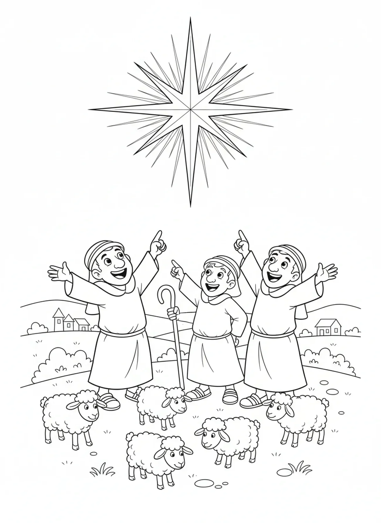 Groupe de bergers joyeux, page à colorier de l'Étoile de Noël pour enfants de 5 à 10 ans