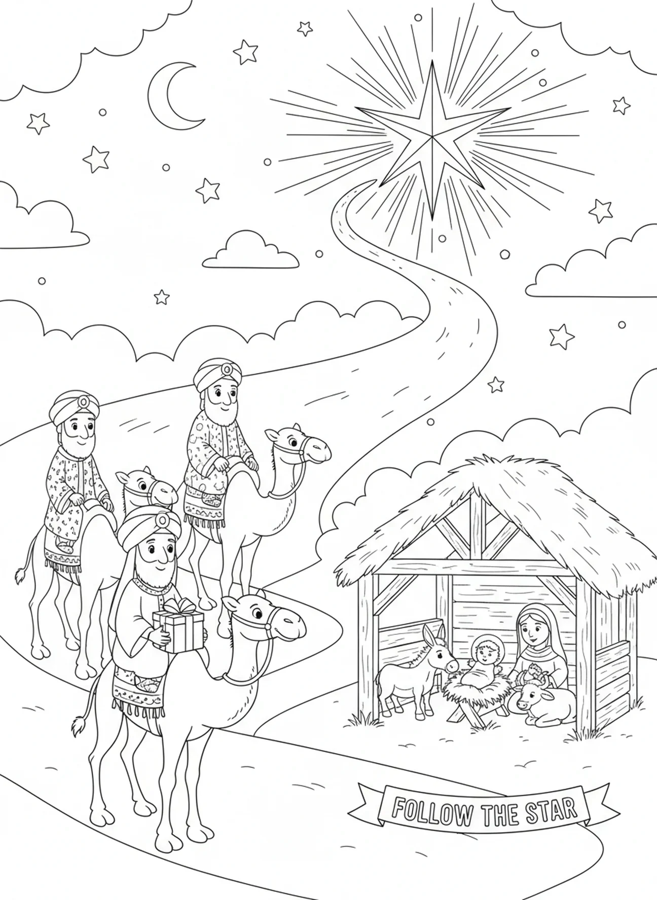 Étoile de Noël éclairant le chemin, page à colorier Étoile de Noël pour enfants de 5 à 10 ans