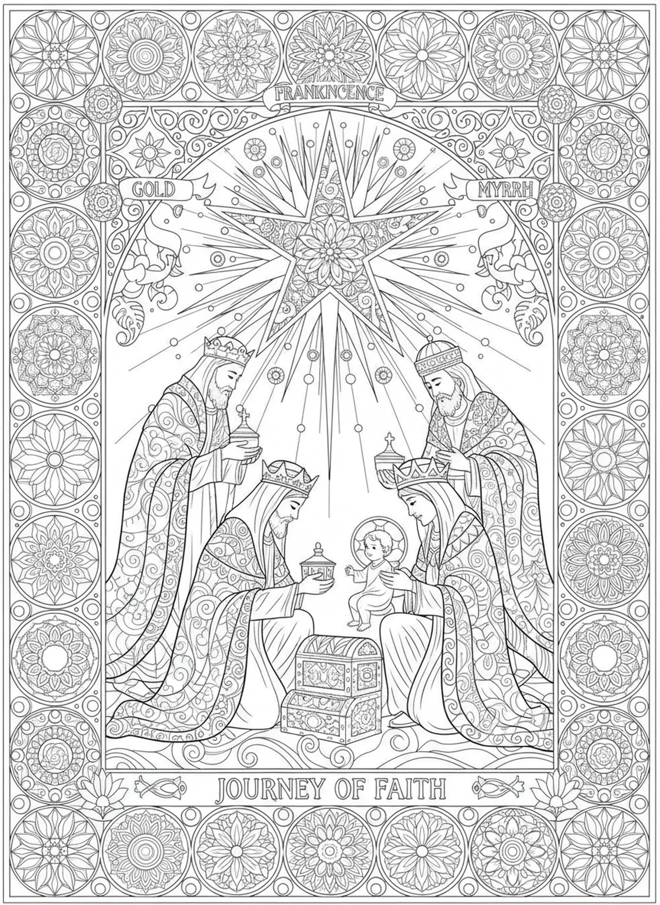 Mędrcy przynoszący dary, kolorowanka religijna na Boże Narodzenie dla dorosłych w stylu dziennika biblijnego.