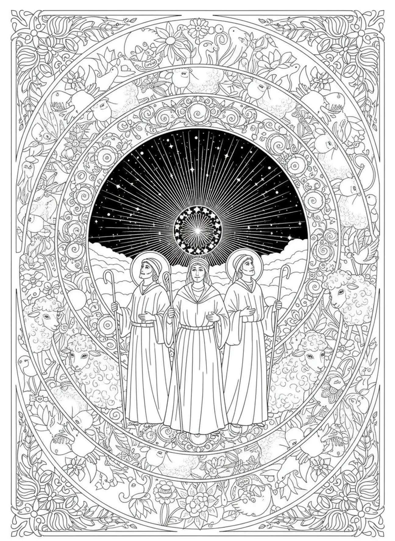 Pasterze czuwający nad owcami, religijny obrazek do kolorowania na Boże Narodzenie w stylu dziennika biblijnego dla dorosłych.