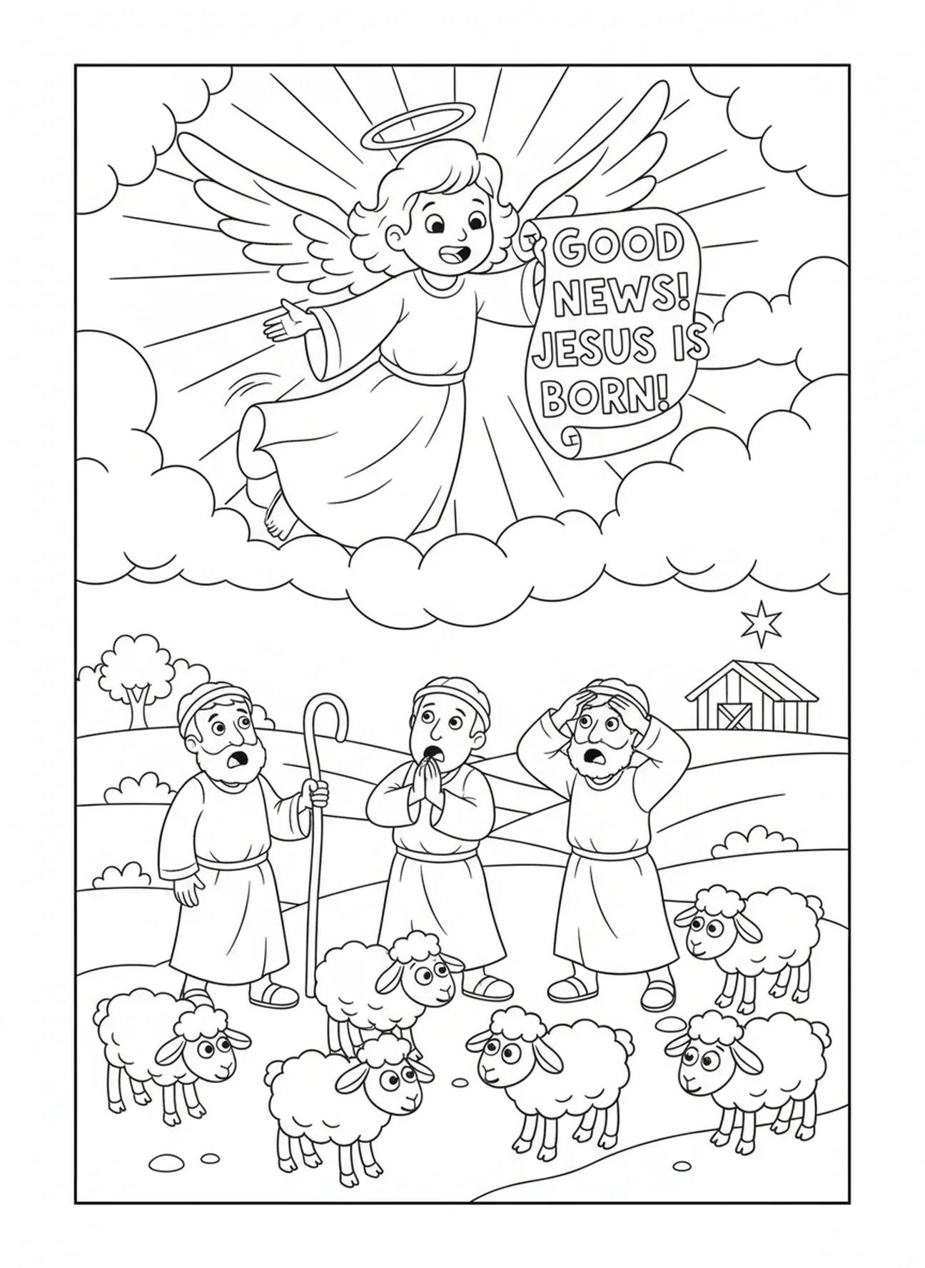 Anjo anunciando aos pastores, página de colorir religiosa de Árvore de Natal para crianças de 5 a 10 anos.