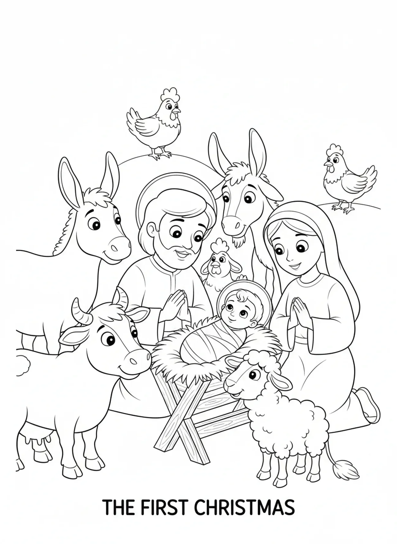 Animais reunidos ao redor do presépio, página de colorir religiosa de Natal para crianças de 5 a 10 anos.