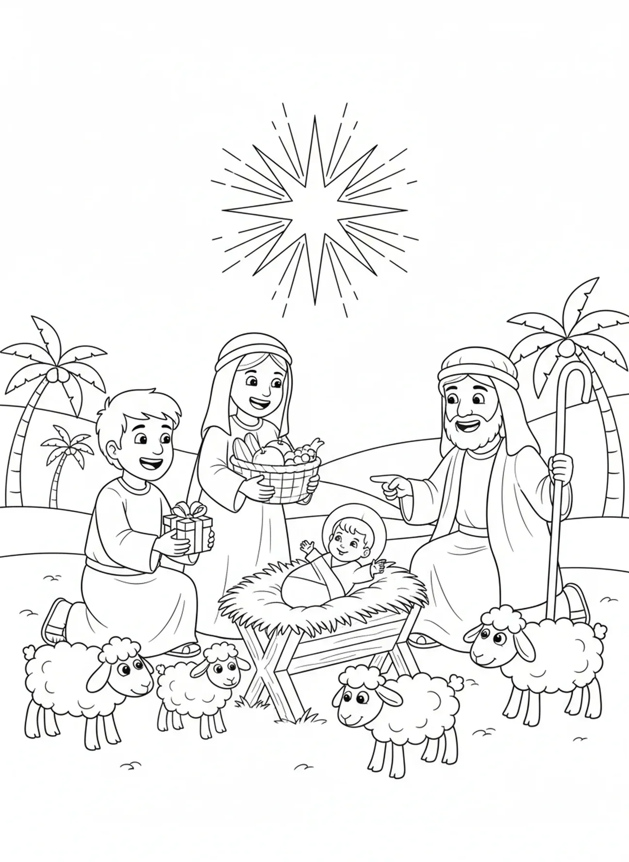 Pastores visitando o presépio, página de colorir religiosa de Natal para crianças de 5 a 10 anos.