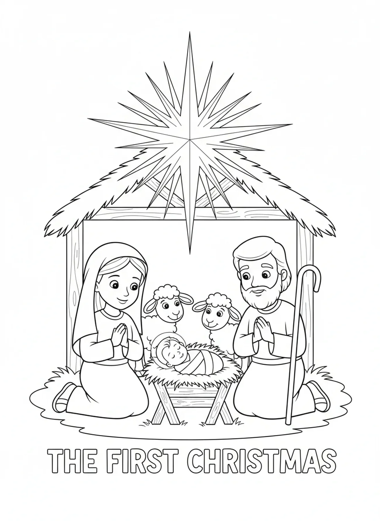 Estrela brilhando sobre o presépio, página de colorir religiosa de Natal para crianças de 5 a 10 anos.