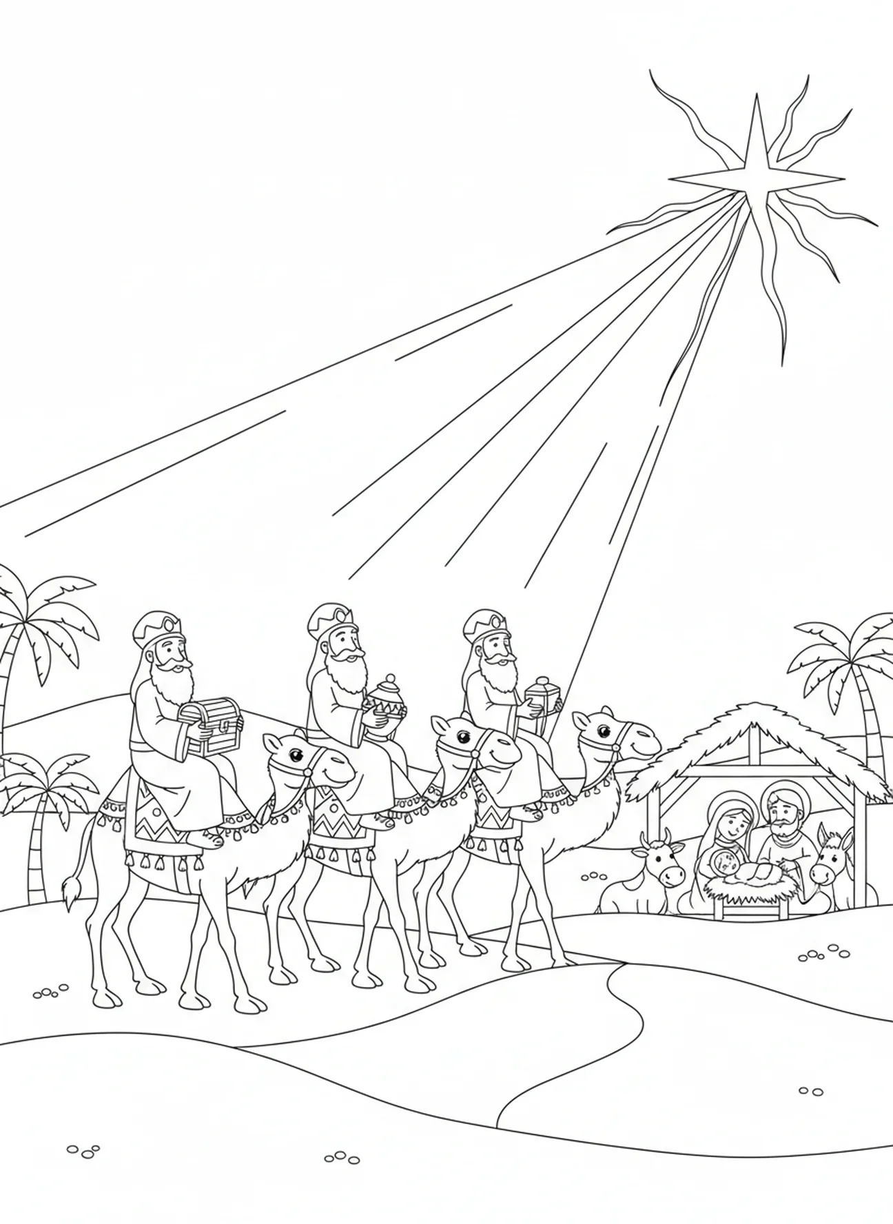 Três reis magos chegando com presentes, página de colorir religiosa de Natal para crianças de 5 a 10 anos.