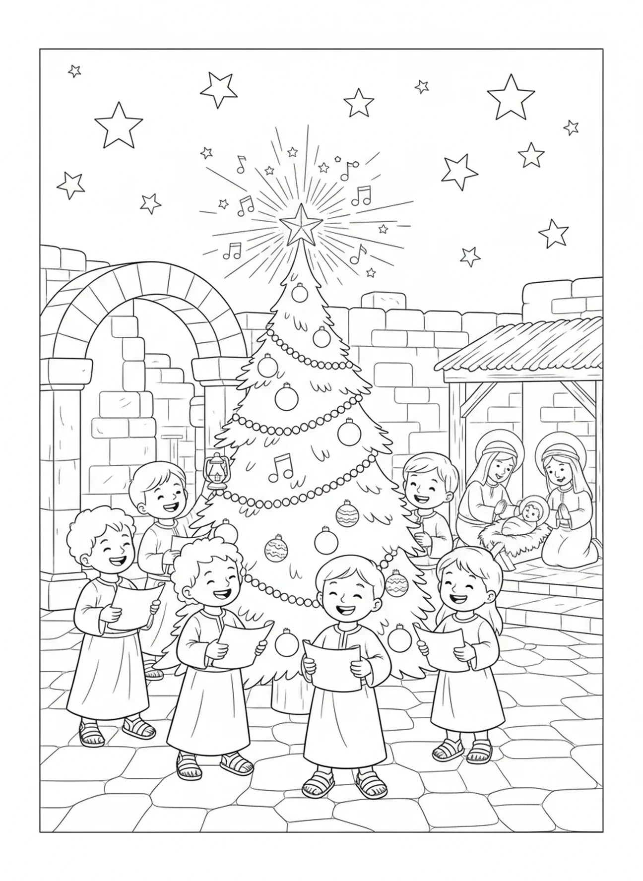 Crianças celebrando, página para colorir religiosa de Árvore de Natal para crianças da Escola Dominical de 5 a 12 anos.