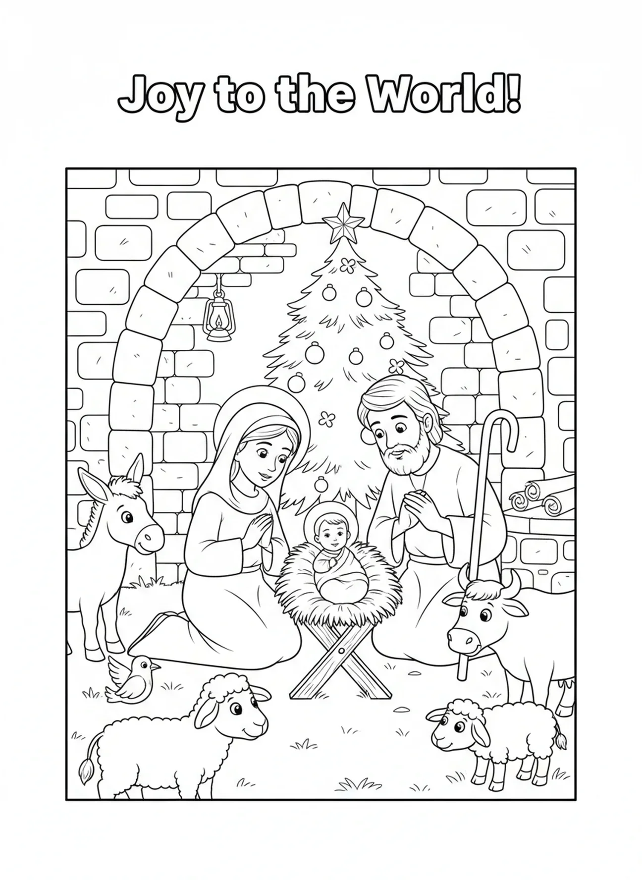 Cena de Natal, página para colorir religiosa com tema de árvore de Natal para crianças de 5 a 12 anos na Escola Dominical.