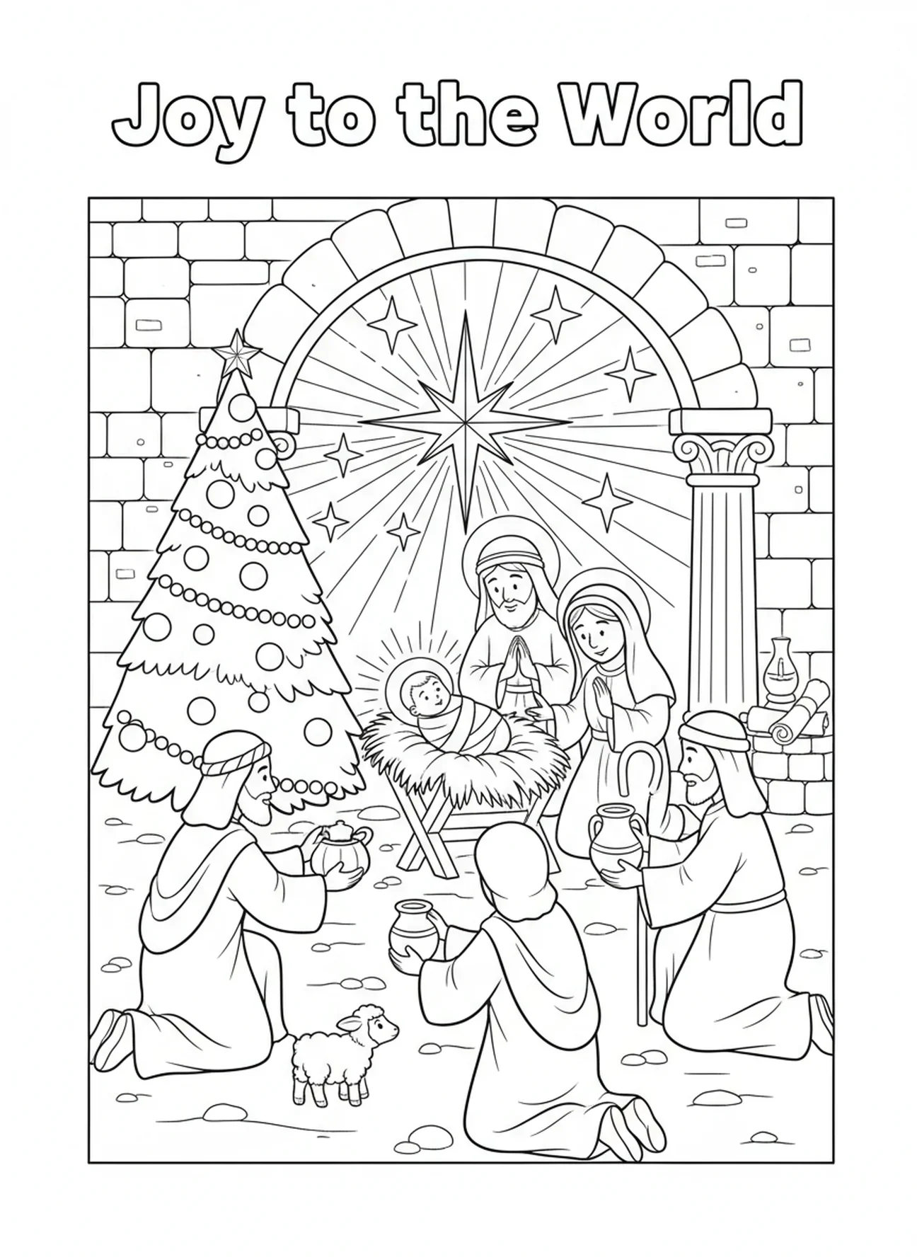 Pastores visitando, página de colorir religiosa da Árvore de Natal para crianças da Escola Dominical de 5 a 12 anos.