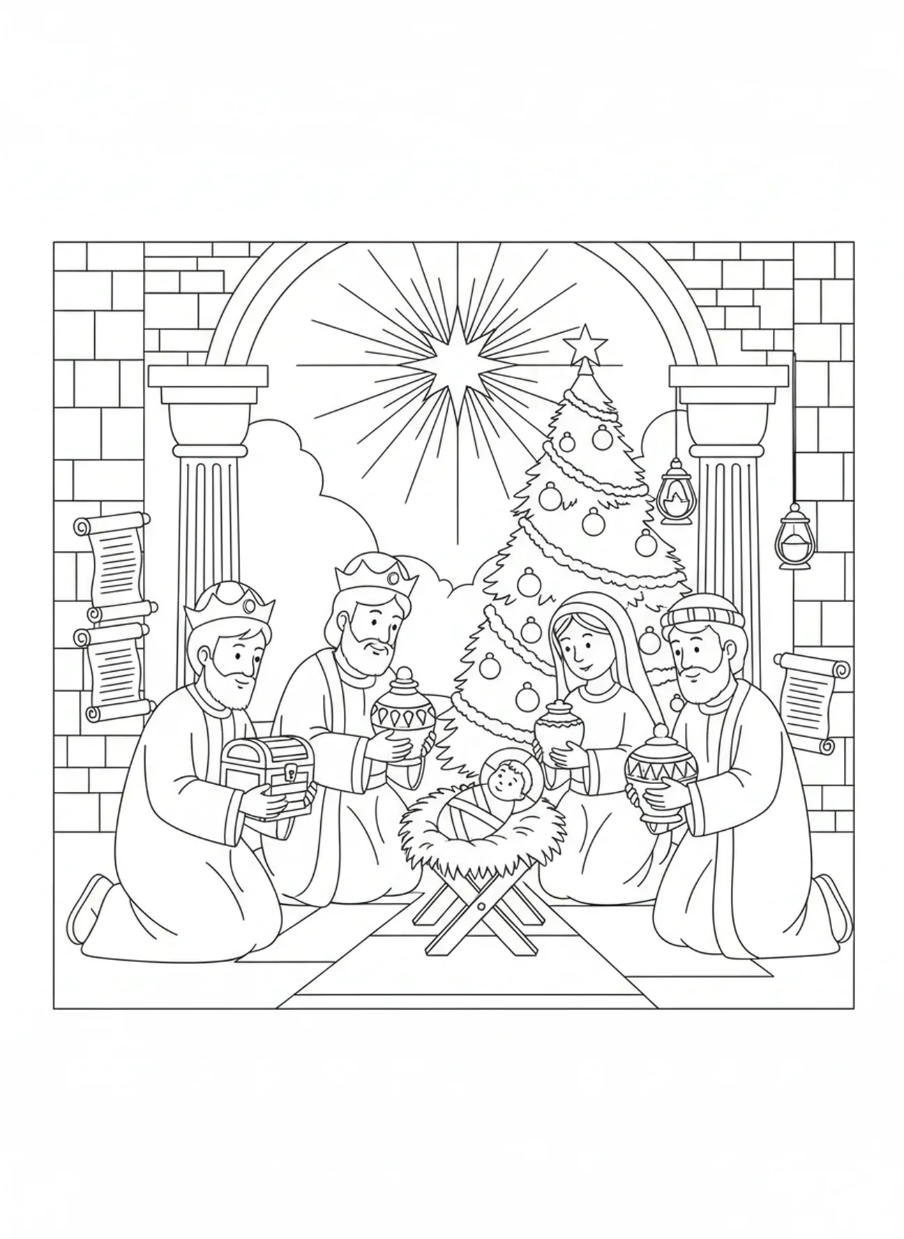 Três sábios trazendo presentes, página de colorir religiosa de Árvore de Natal para crianças da Escola Dominical de 5 a 12 anos.