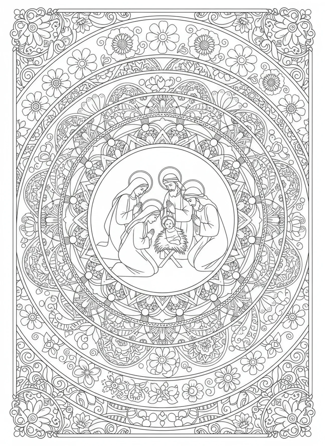 Weise Männer verehren das heilige Kind, Ausmalbild zur Epiphanie für Erwachsene im Stil des Bibel-Journalings.