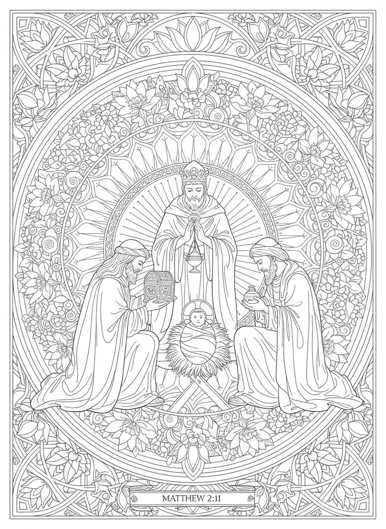 Die Weisen, die Geschenke überreichen, Ausmalbild zu Epiphanias im Stil des Bibeljournaling für Erwachsene.