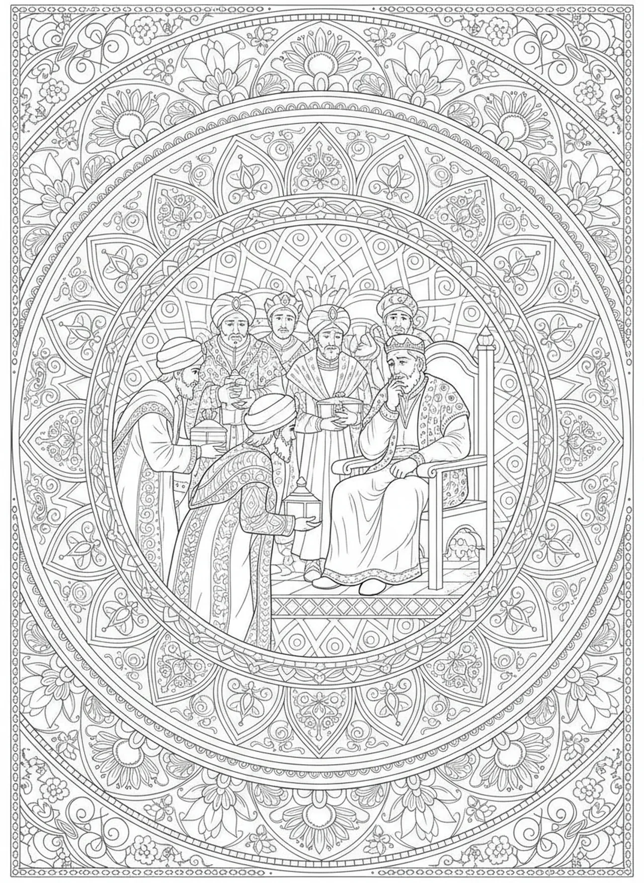 Die Weisen mit König Herodes, Ausmalbild zur Epiphanie im Stil des Bibel-Journaling für Erwachsene.