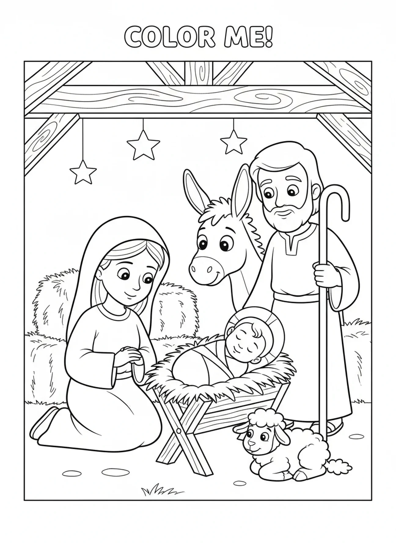 Das Jesuskind in der Krippe, Ausmalbild zur Epiphanie für Kinder im Alter von 5-10 Jahren