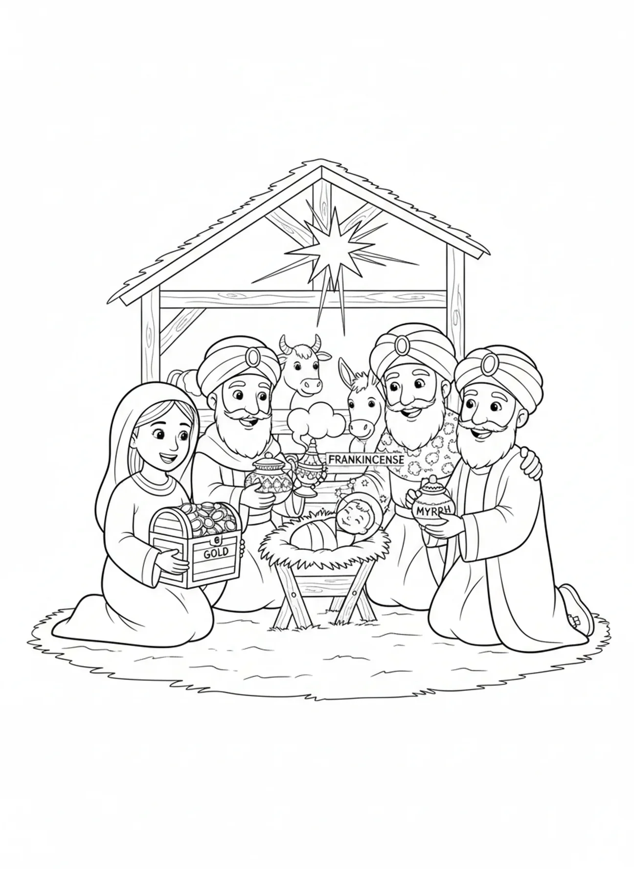 Drei weise Männer bringen Geschenke, Epiphanie Ausmalbild für Kinder im Alter von 5-10 Jahren