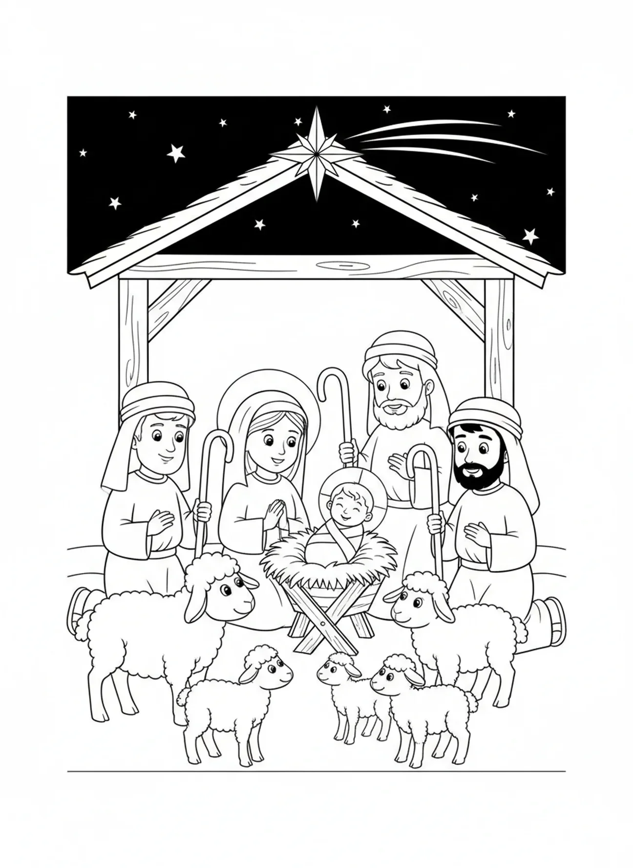 Hirten besuchen das Jesuskind, Epiphanie Ausmalbild für Kinder im Alter von 5-10 Jahren