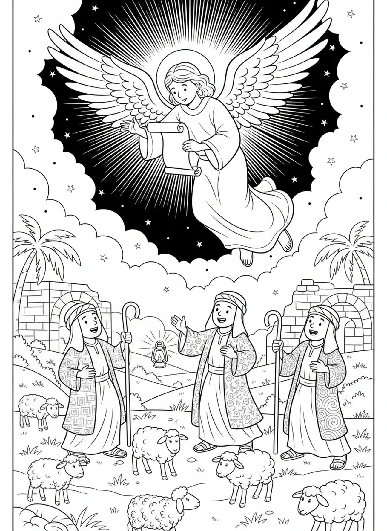 Un ange apparaissant aux bergers, page à colorier de l'Épiphanie pour les enfants de l'École du dimanche âgés de 5 à 12 ans.
