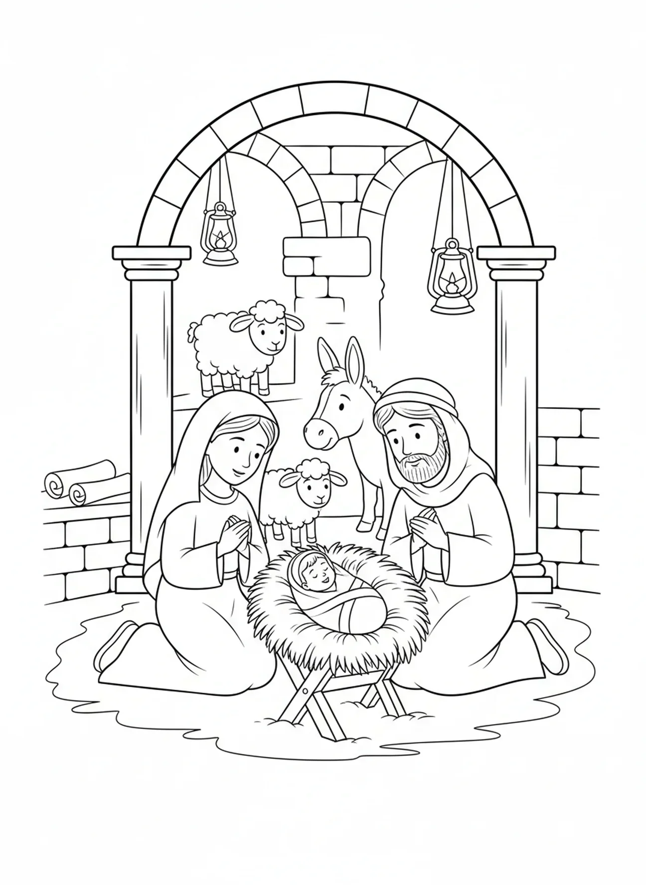 Marie et Joseph près de la crèche, page à colorier pour les enfants de l'École du dimanche âgés de 5 à 12 ans.
