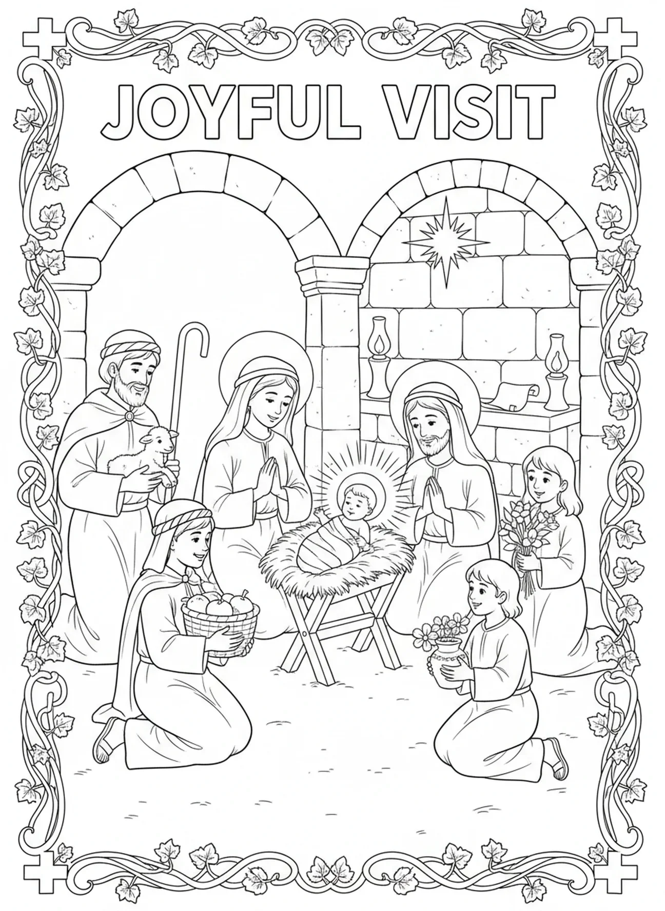 Les bergers rendant visite au bébé Jésus, page à colorier de l'Épiphanie pour les enfants de l'École du dimanche âgés de 5 à 12 ans.