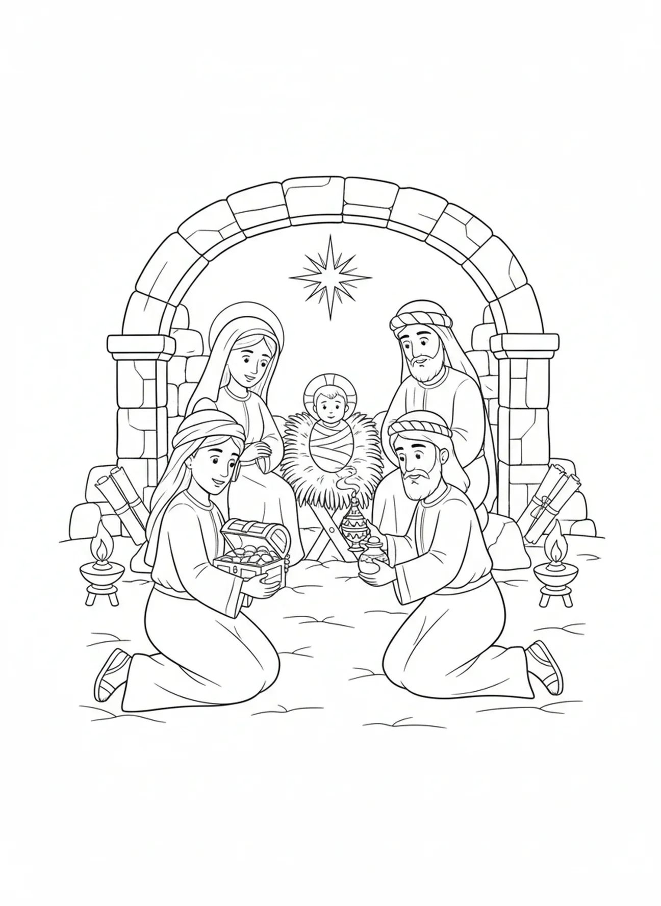 Trois rois mages offrant des cadeaux, page à colorier pour les enfants de l'École du dimanche âgés de 5 à 12 ans.