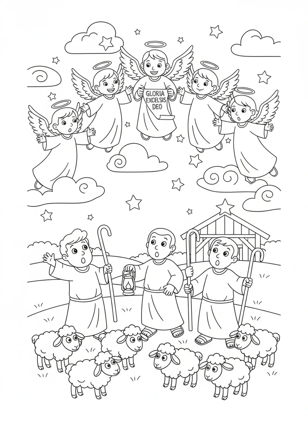 Ángeles en el cielo, página para colorear de incienso para niños de 5 a 10 años.
